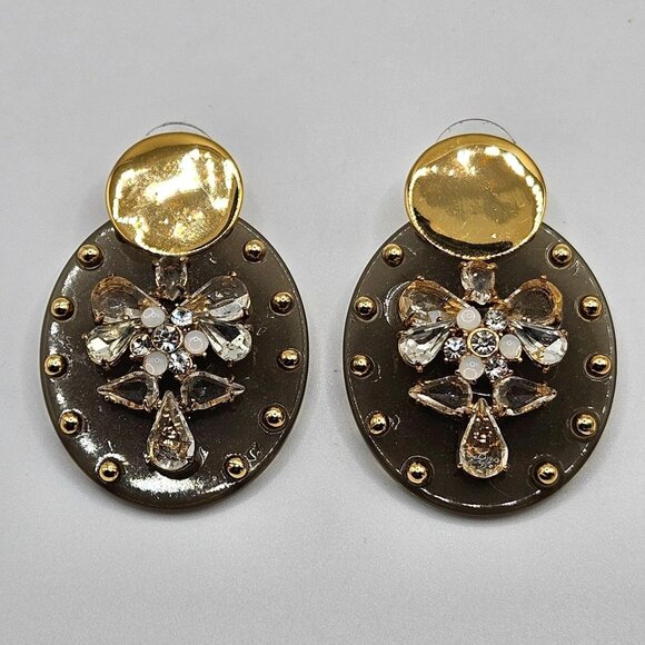 J Crew Earrings Brown Lucite Crystal Shield Drop Statement Preppy Party - Picture 2 of 7